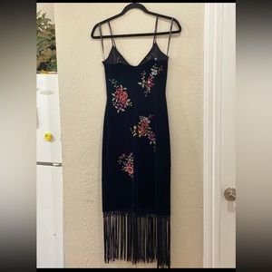 Vintage Betsey Johnson spaghetti strap black velvet floral embroidered dress